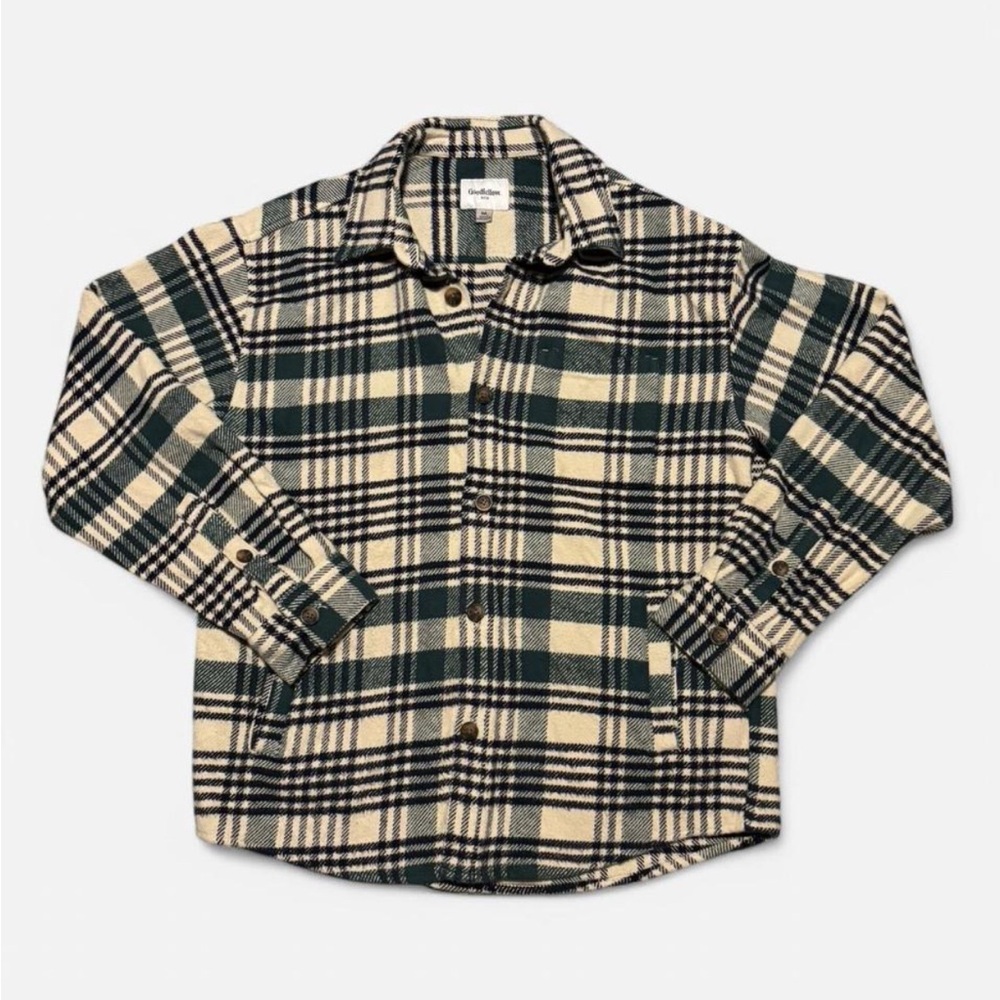 Men's heavyweight flannel Plaid Button-Up Shirt with pockets Green and cream